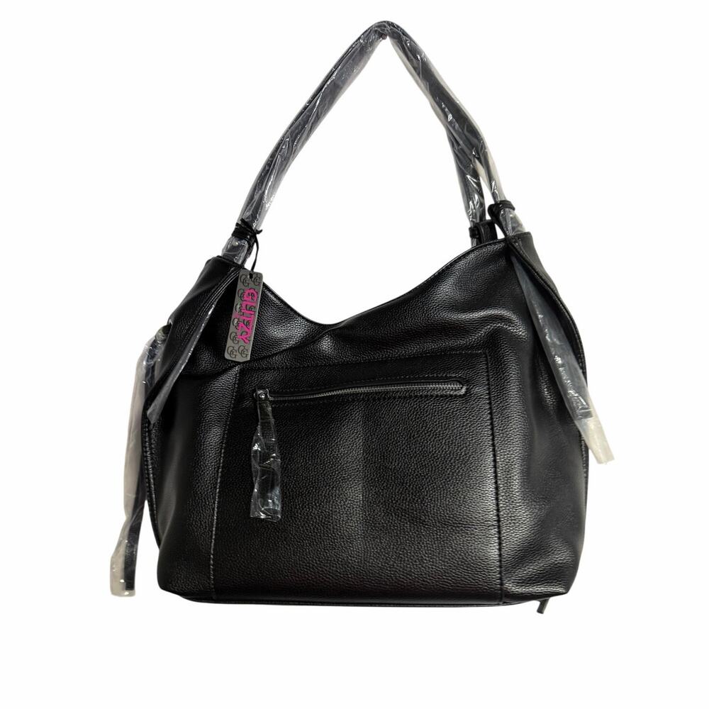 Glitzy Large Black soft Faux Leather Hobo Shoulder Bag Slouchy Tote New